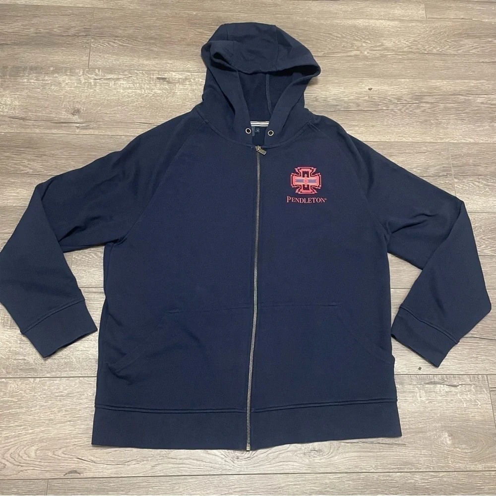 Pendleton Fleece Sweatshirt Hoodie Full Zip Chief Joseph Logo Navy Blue Size L